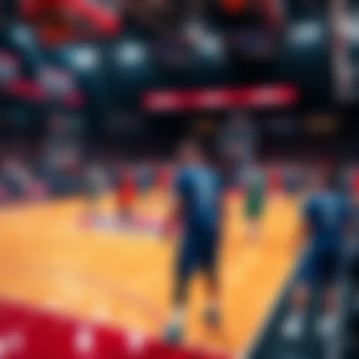 A basketball court with players and statistics displayed, focusing on key insights for NBA betting strategies