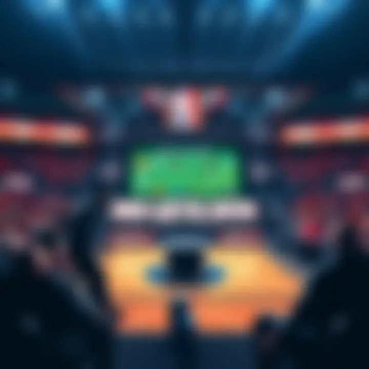 A basketball court with a draft lottery setup, featuring a large screen showing team logos and fans eagerly watching.