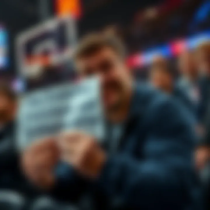 A passionate NBA fan showing signs of frustration at a game, holding a sign criticizing game manipulation, with teammates in the background