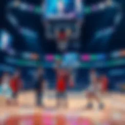 A basketball game in progress with players on the court, surrounded by advertisements for FanDuel, reflecting financial influence in sports.