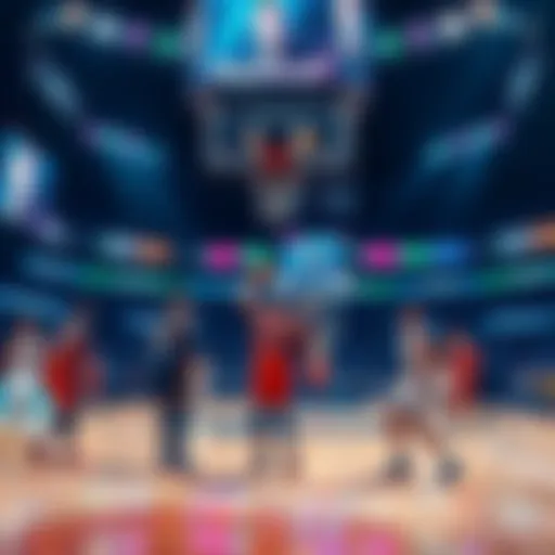 A basketball game in progress with players on the court, surrounded by advertisements for FanDuel, reflecting financial influence in sports.