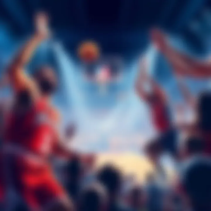 Basketball players competing for the NBA championship title with cheering fans in the background