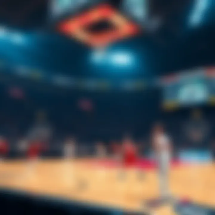 A basketball court with players in action during a game, highlighting betting odds on the side.