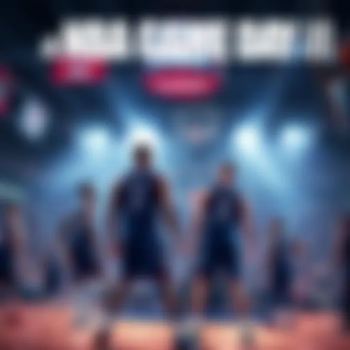 Basketball players on the court during an NBA game, showcasing points, rebounds, and assists.