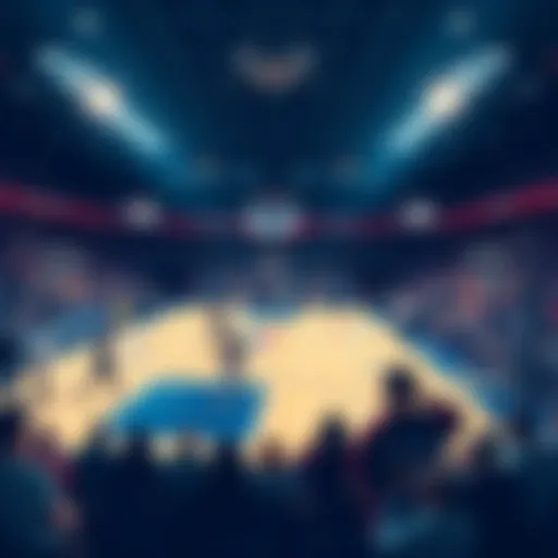 Illustration of basketball court with players warming up and fans cheering
