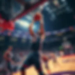 A basketball player making a slam dunk during a game