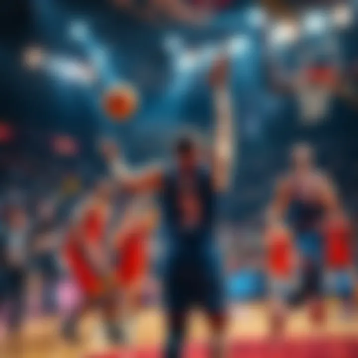 Basketball players on court during a game, showcasing a dramatic moment of action, with fans cheering in the background.