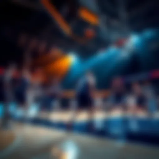 A basketball court with players in action during an NBA game, showing intense competition and team dynamics.