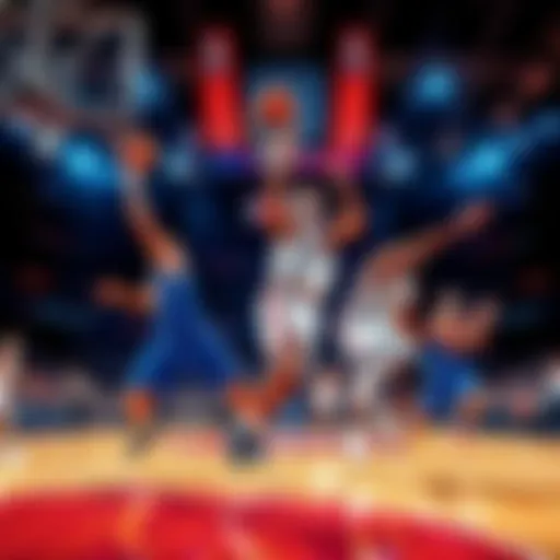 Basketball players in action during an NBA game showing scoring, rebounds, and assists statistics.