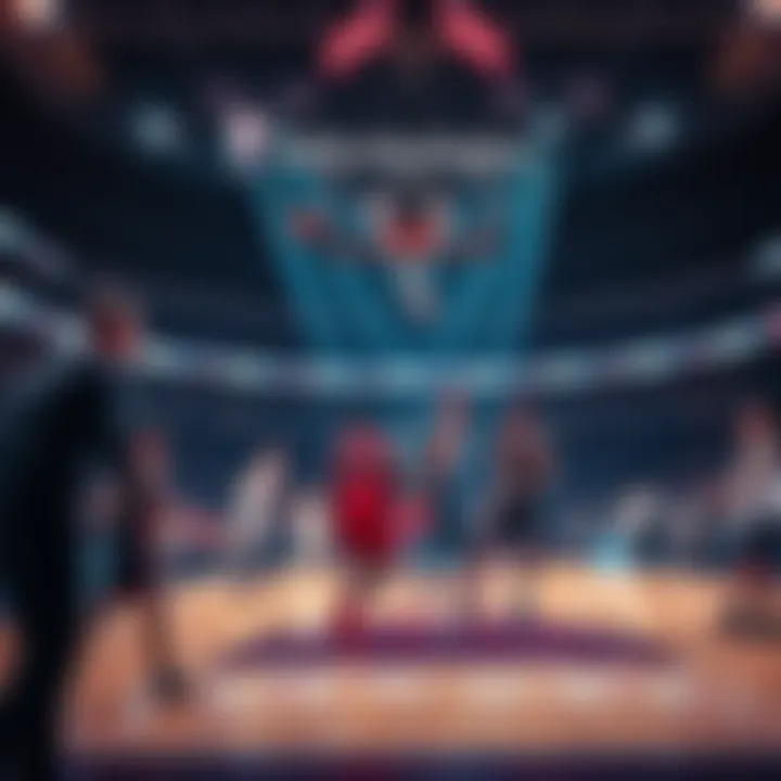 Basketball players on the court during an NBA game, with fans cheering in the background.