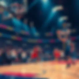 Exciting scene of basketball players on the court during a game. Fans are cheering in the stands, creating a lively atmosphere.