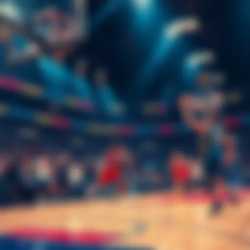 Exciting scene of basketball players on the court during a game. Fans are cheering in the stands, creating a lively atmosphere.