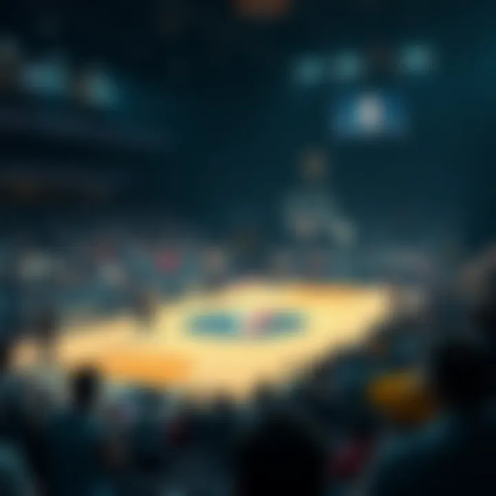 Basketball players on the court with fans watching in the stands during a tense NBA game