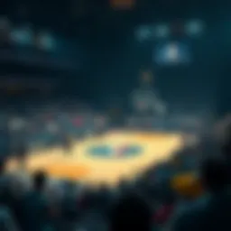 NBA game with players and fans Basketball players on the court with fans watching in the stands during a tense NBA game