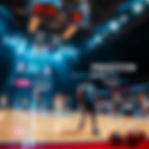 A basketball court with players in action, showcasing an intense game atmosphere and score display