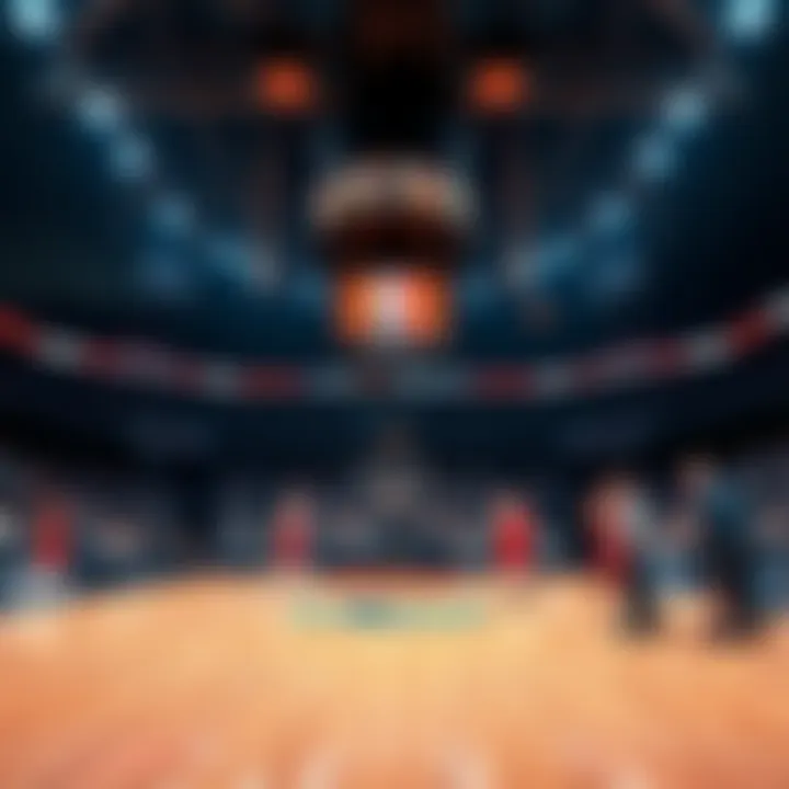 Basketball court with teams warming up for today's NBA games, fans in the stands cheering