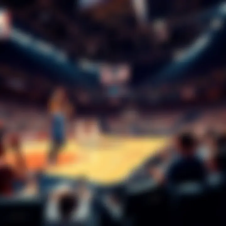 Fans excitedly watching a basketball game with players on the court