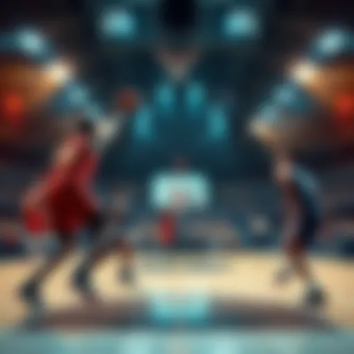 A basketball court with players in action during an NBA game, showcasing intense gameplay and strategy.