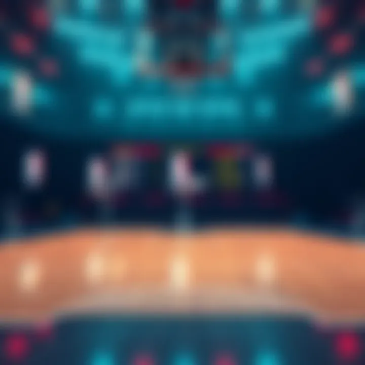 A basketball court set up for NBA games with betting odds displayed on board