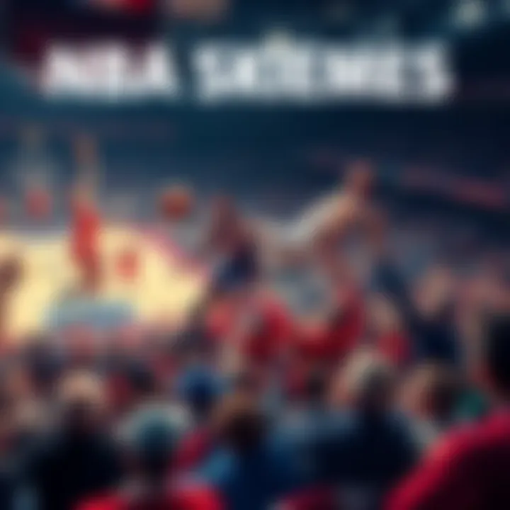 Basketball players in action during an NBA game, with fans cheering in the stands