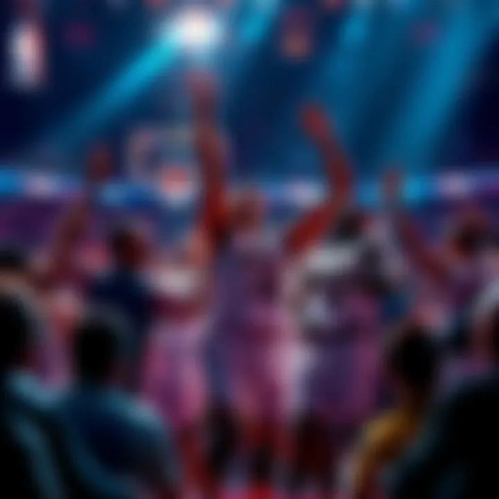Players celebrating a recent NBA victory with fans cheering in the background