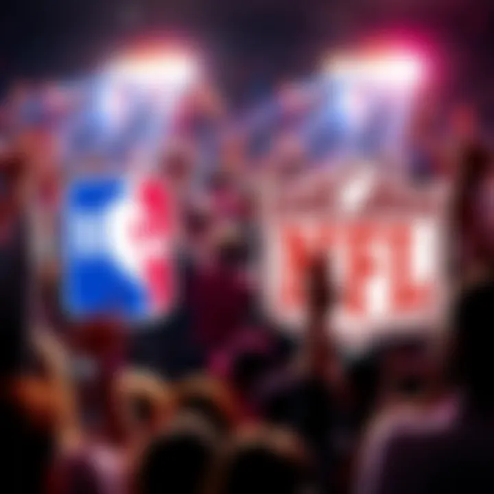 A collage of NBA and NFL logos with fans cheering in the background on game day.