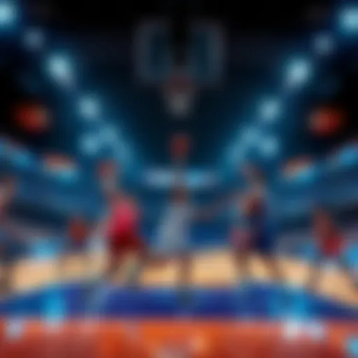 Basketball court with players in action and betting odds displayed, highlighting NBA 3er Parlay strategies for 2026