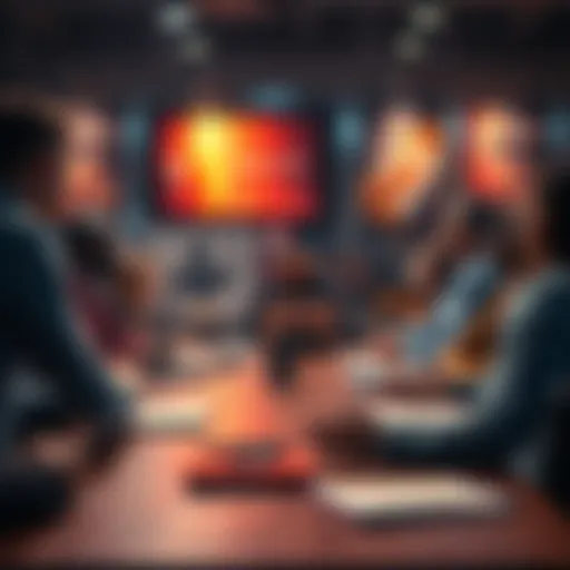 A group of people discussing basketball betting strategies around a table with notebooks and laptops