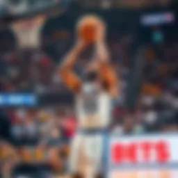 A basketball player making a shot while fans cheer in the background, highlighting NBA betting insights