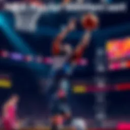 A basketball player making a shot during a game, highlighting points, rebounds, and assists for betting options.