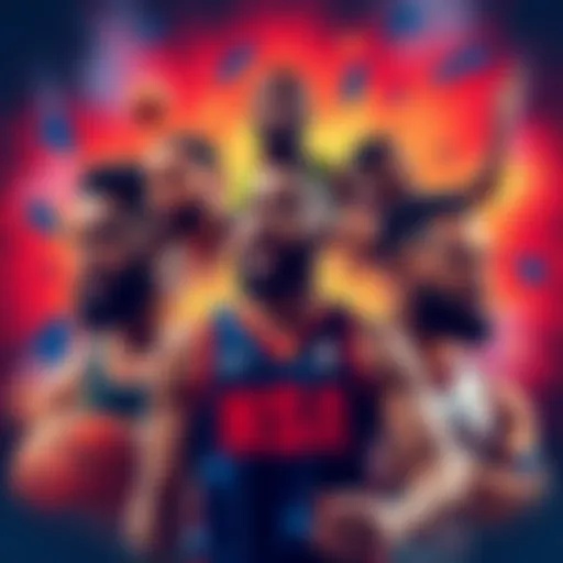 An illustration showing top NBA players with charts and statistics for the upcoming season.