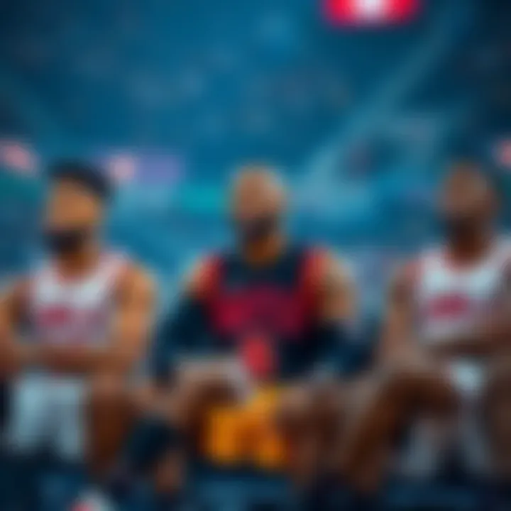 NBA players sitting on the bench Three top NBA players sitting on the bench during a crucial game, looking concerned