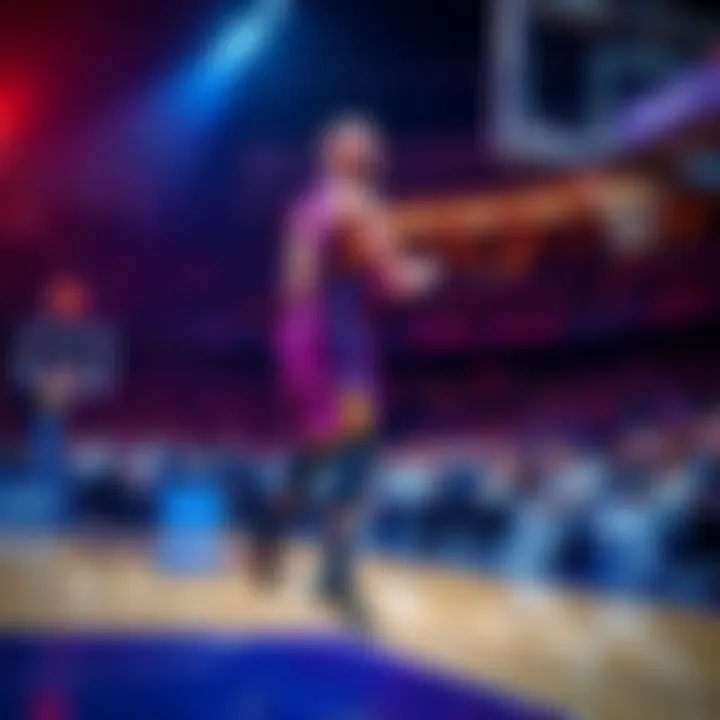 A basketball player scoring points during a game, showcasing players coming off the bench making an impact, with fans cheering.