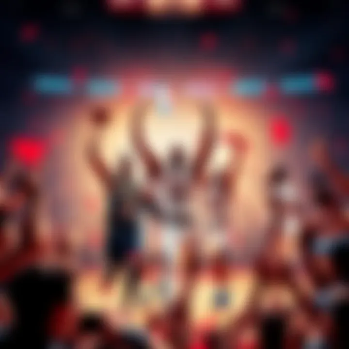 A group of NBA players joyfully celebrating a win on the court, surrounded by cheering fans.