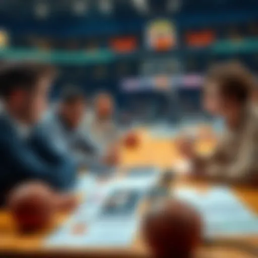 People analyzing player bets for the NBA playoffs with basketball images and statistics on a table