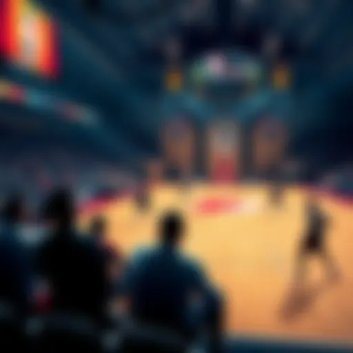 A basketball court with players preparing for a game and betting odds displayed on a screen