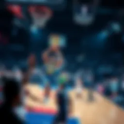 Basketball court scene with players in action during the NBA Playoffs, showcasing excitement and competition. Fans cheering in the background.