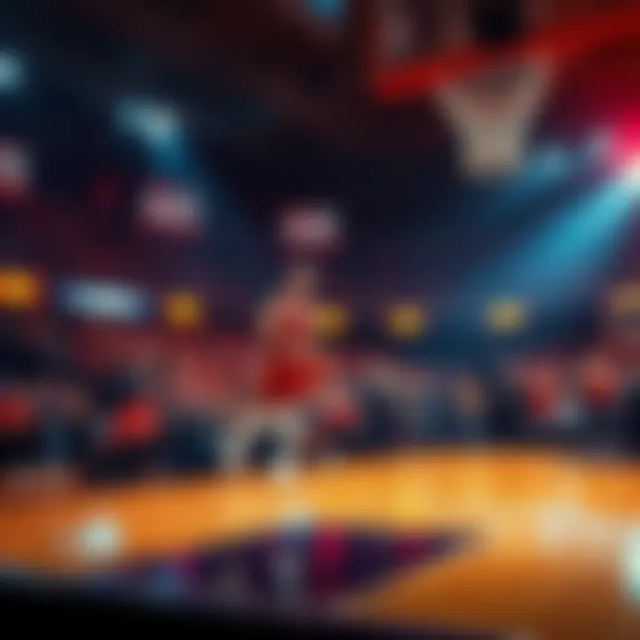 Basketball court with betting odds displayed and fans cheering in the background