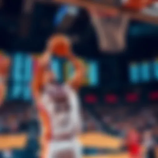 A basketball player making a shot during a playoff game, with betting odds displayed on a screen in the background