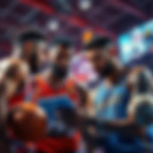 Basketball players analyzing stats and trends for NBA playoffs betting strategies