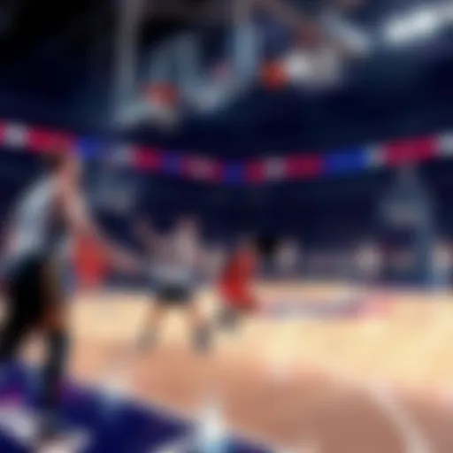 Basketball court with players in action, showcasing NBA teams during a game