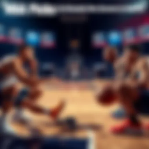 NBA Season Predictions Basketball players on the court analyzing team statistics for the upcoming NBA season