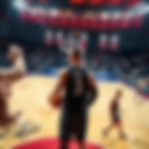 Basketball players on the court during the NBA Summer League with betting odds in the background