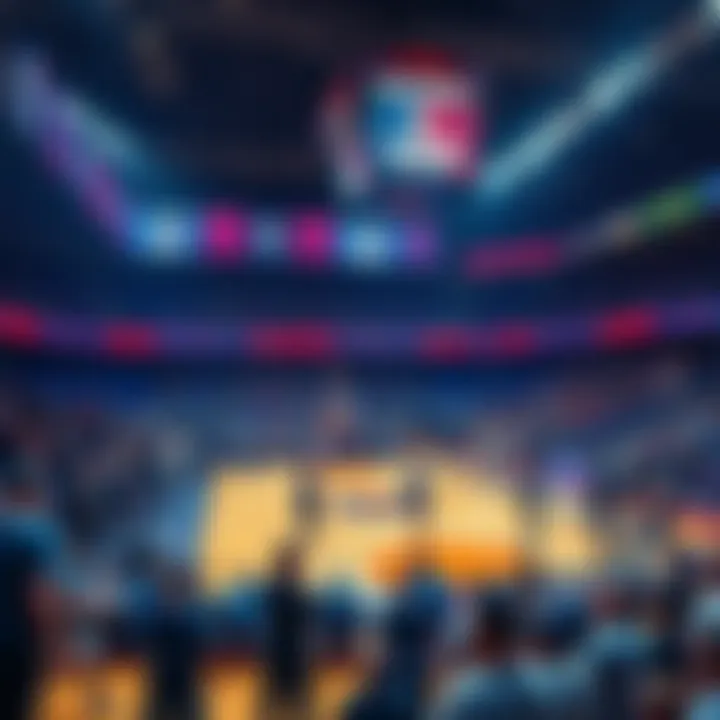 A basketball court filled with players and fans during the NBA Summer League.