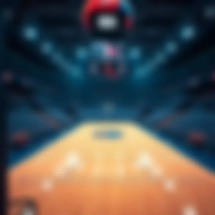 An image showing a basketball court with empty stands, indicating financial troubles for an NBA team. The court has a logo at center and the lights are dim.