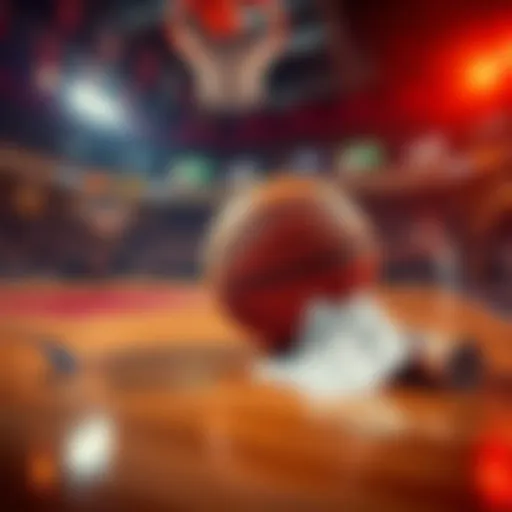 A basketball court with a ball and betting slips on the side, representing NBA games and betting strategies, excitement in the air