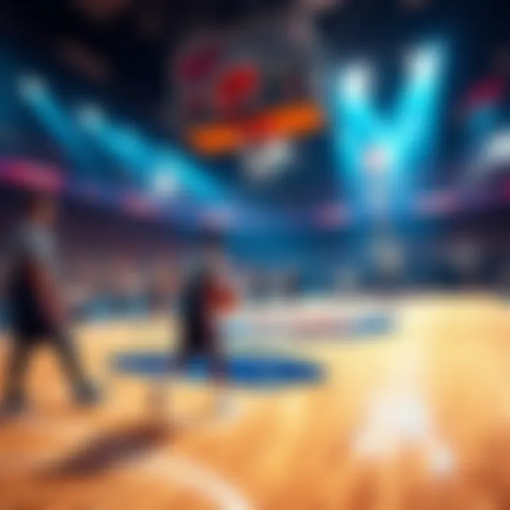 A basketball court with teams playing, highlighting underdog teams with odds and stats.