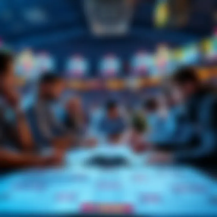 A group of basketball fans analyzing NCAA tournament brackets with charts and data on the table.