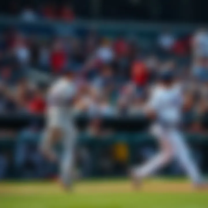 A group of baseball players in action during an NCAA game with fans cheering in the background.