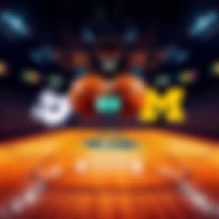 A basketball court with teams Connecticut and Michigan logos, betting odds displayed.